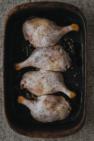 A tray of raw, properly free range duck legs