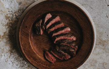 Cooked and Sliced Grass Fed Beef Entrecote Steak.