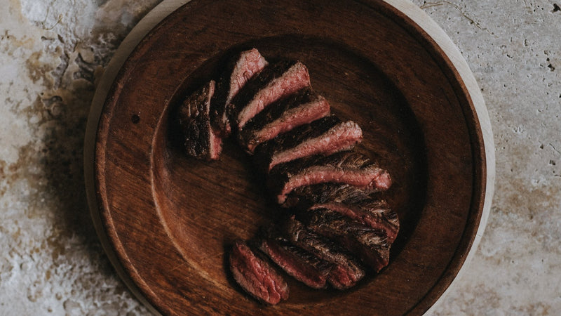 Cooked and Sliced Grass Fed Beef Entrecote Steak.