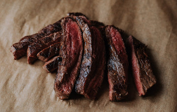 A cooked and sliced grass fed beef everyday steak