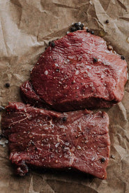 Two raw grass fed beef everyday steaks with seasoning