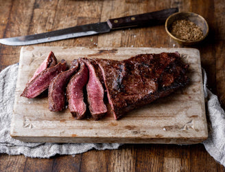 Cooked and sliced rare, grass fed beef flat iron steak
