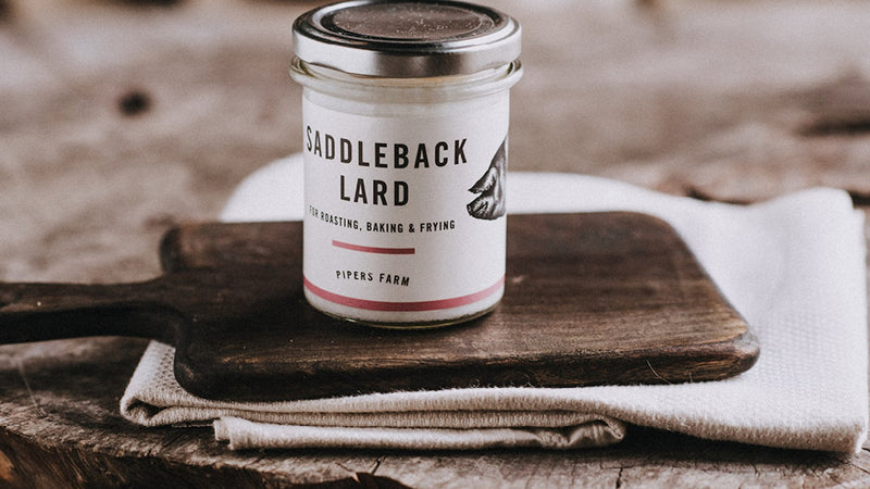 Jar of native breed Saddleback pork lard for cooking