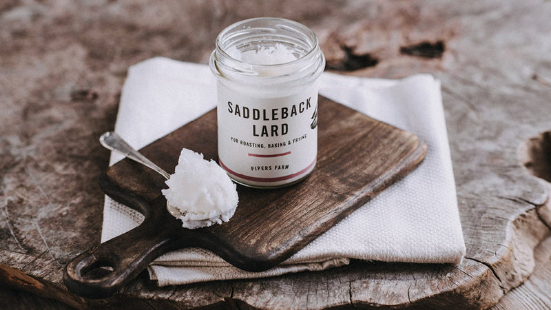 Jar of native breed Saddleback pork lard for cooking