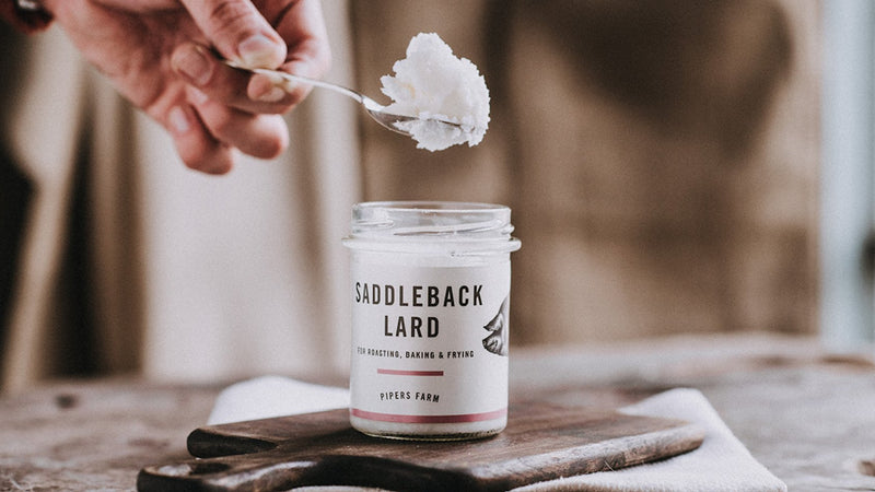 Jar of native breed Saddleback pork lard for cooking