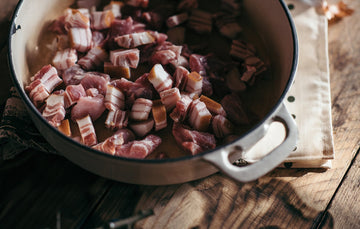 A pan of raw, Traditionally Cured Unsmoked Bacon Lardons.