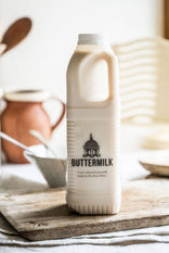 A bottle of Fen Farm Dairy Raw Cultured Buttermilk
