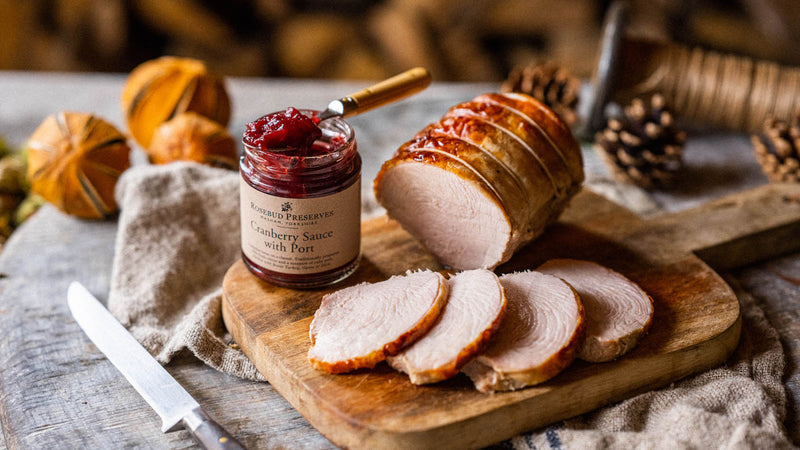 Cooked and sliced free range bronze turkey breast with cranberry sauce