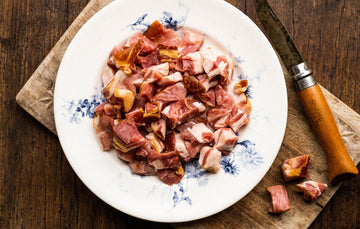 Perfectly cut Cured, Beechwood Smoked Bacon Lardons from Native Breed Pork.