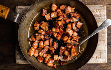 A pan of cooked, Traditionally Cured Unsmoked Bacon Lardons.