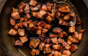 Pan Fried Traditionally Cured, Beechwood Smoked Bacon Lardons.