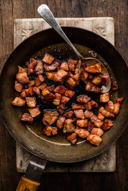Pan Fried Traditionally Cured, Beechwood Smoked Bacon Lardons.