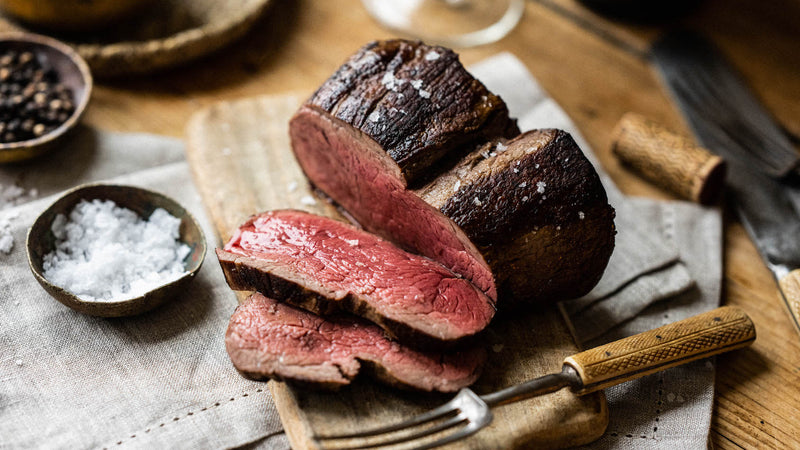 A cooked and sliced Grass Fed Beef Chateaubriand sharing steak.