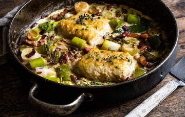British Ling Fillet Cooked with Leeks and Lardons