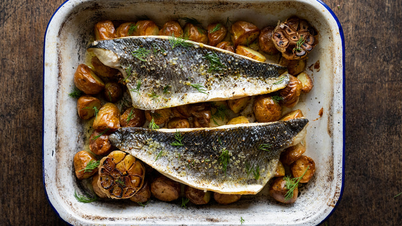 Roast Wild Sea Bass with New Potatoes & Garlic.