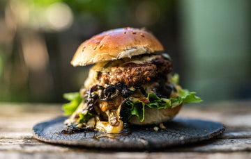 A grass fed beef steak Hickory Smash Burger with Blue Cheese & Pale Ale.